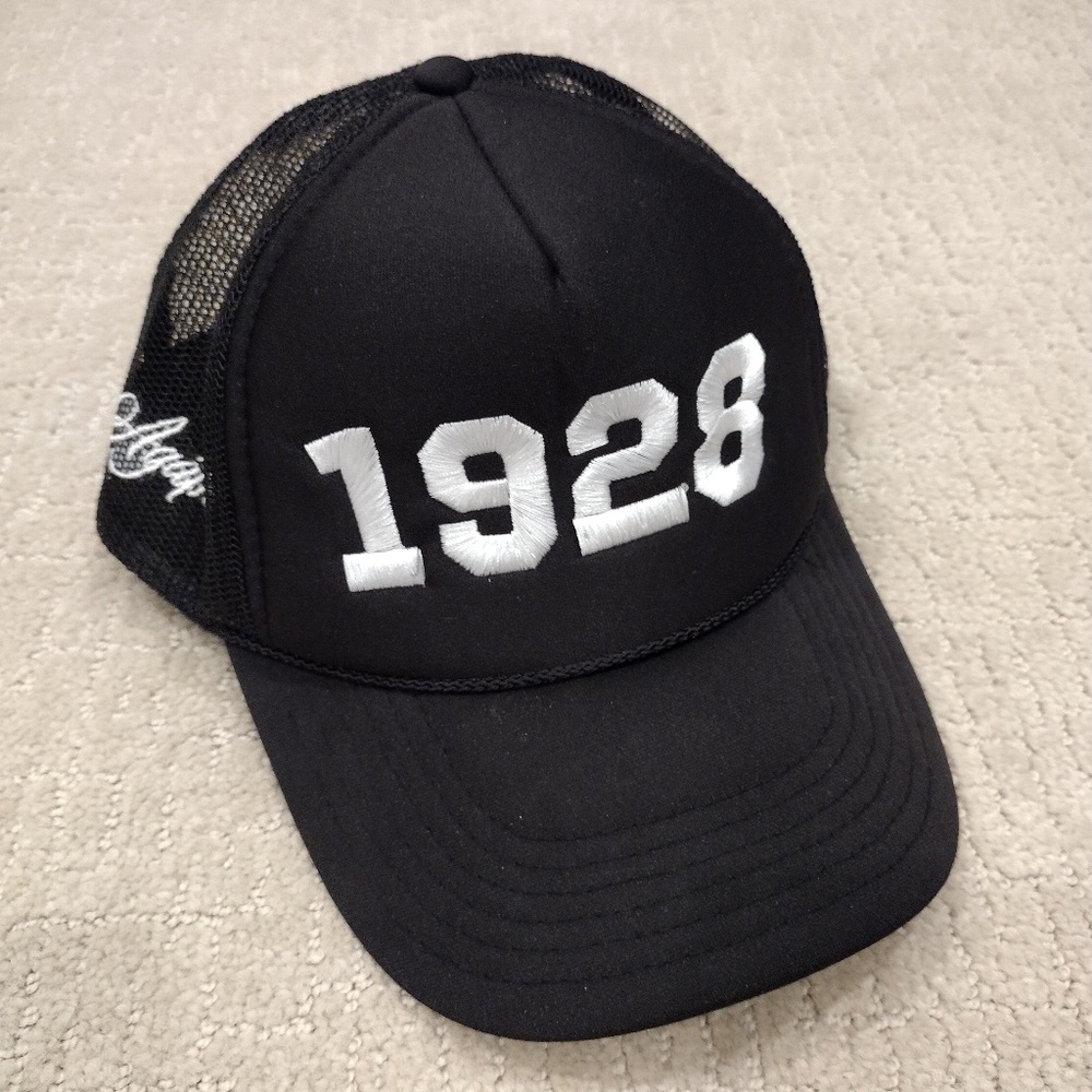Otto 1928 Agape Black Mesh Trucker Hat Cap Back Snaps with White Embroidery